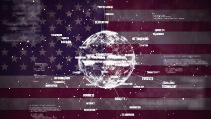 Animation of globe of network of connections with text and data processing over american flag - Powered by Adobe
