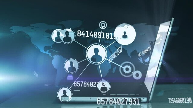 Animation of numbers, network of connections with people icons over world map and laptop