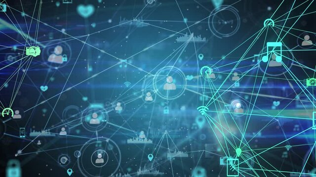 Animation of network of connections with social media icons over blue background