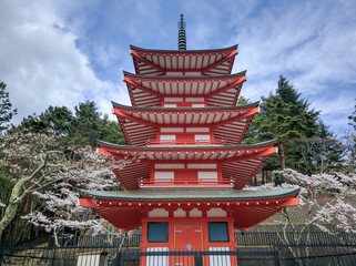 Japanese view of the red Chureito Pagoda.