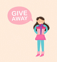 Cartoon gift give away girl for web marketing design. Trendy colorful character. Design promotion.
