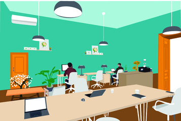 Flat Illustration of co-working people sitting on table, modern office interior.