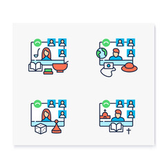 Fototapeta premium Meeting together line icons set. Online conference concept. Live stream. Social distanced dinner, travel, game, church and more. Remote video communication. Isolated vector illustrations