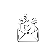 Black and white open envelope with love letter in doodle style