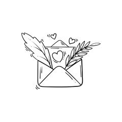 Black and white open envelope with love letter and leaves in doodle style