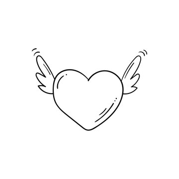 Black and white flying heart with wings in doodle style