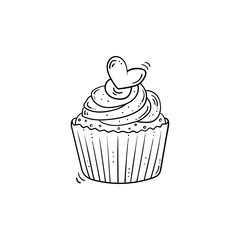 Black and white sweet cupcake decorated with heart, in doodle style