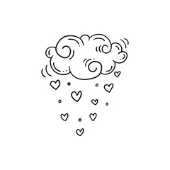 Black and white illustration of cloud with rain of hearts in doodle style