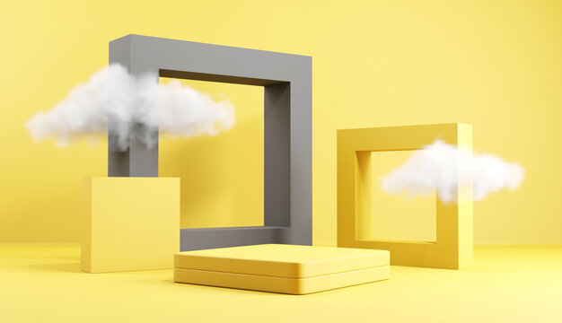 Abstract Background Minimal Scene With Geometric Forms. Cube Podium Stage With Cloud In Yellow And Grey Backgrounds. For Show Product Presentation 2021, Mock Up, 3d Render.