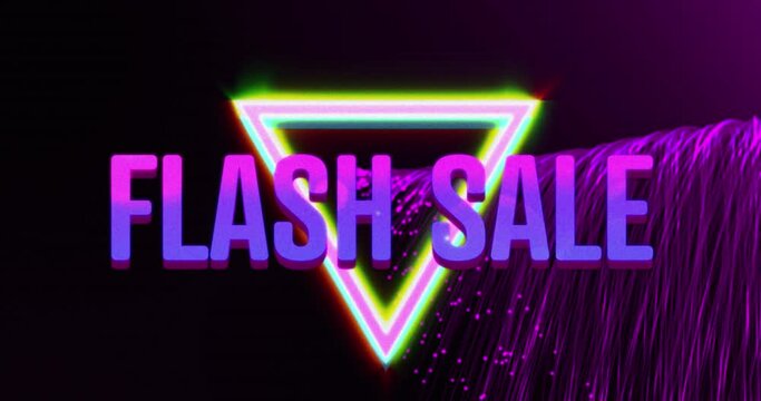 Animation of flash sale text in pink and purple over triangle and explosion of purple light trails