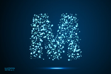 Fototapeta premium English letters abstract font consists 3d of triangles, lines, dots and connections. On a dark blue background cosmic universe stars, meteorites, galaxies. Vector illustration EPS 10.