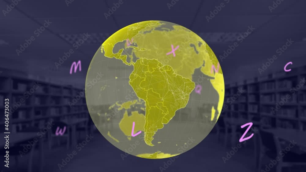 Poster digital composition of alphabets floating over spinning globe against empty school library