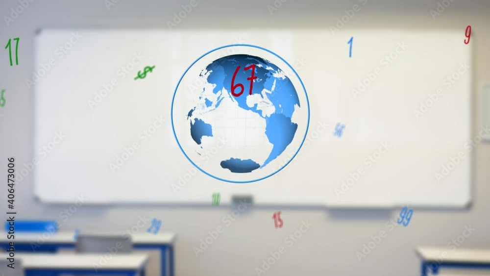 Poster digital composition of mathematical numbers and symbols floating over spinning globe against empty c