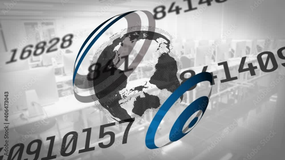 Poster digital composition of globe spinning and changing numbers against empty office