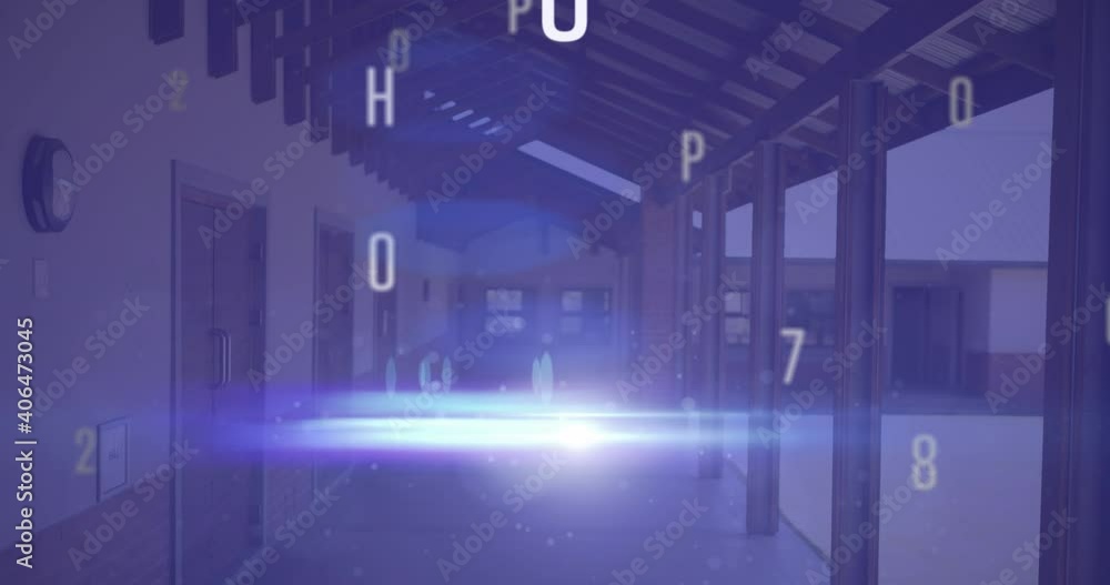 Aufkleber digital composition of changing numbers and alphabets against empty school corridor