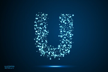 Fototapeta premium English letters abstract font consists 3d of triangles, lines, dots and connections. On a dark blue background cosmic universe stars, meteorites, galaxies. Vector illustration EPS 10.
