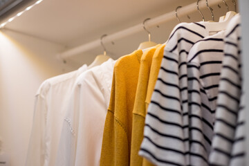 Many blouses,shirts on hangers in the dressing room.Modern wardrobe with stylish spring clothes and accessories.Rack with different clothes in a shop or home closet
