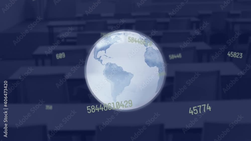 Aufkleber digital composition of changing numbers over spinning globe against empty classroom