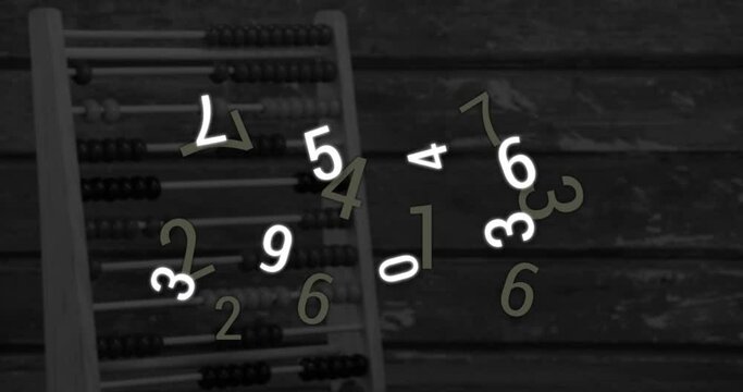 Digital composition of multiple changing numbers floating against abacus in background