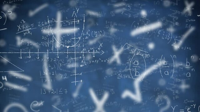 Digital animation of mathematical diagrams and equations against symbols on blue background
