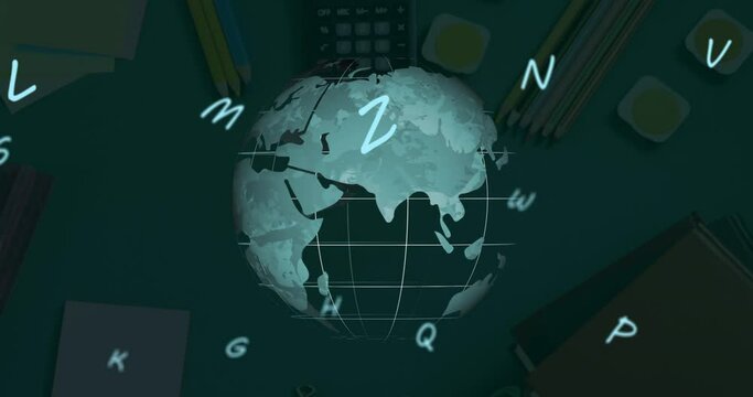 Digital composition of multiple alphabets floating over spinning globe against school stationary ite