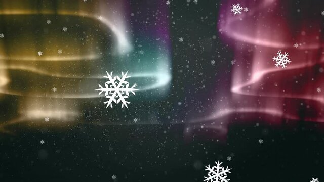 Digital animation of snowflakes and shining stars falling against colorful light trails on black bac