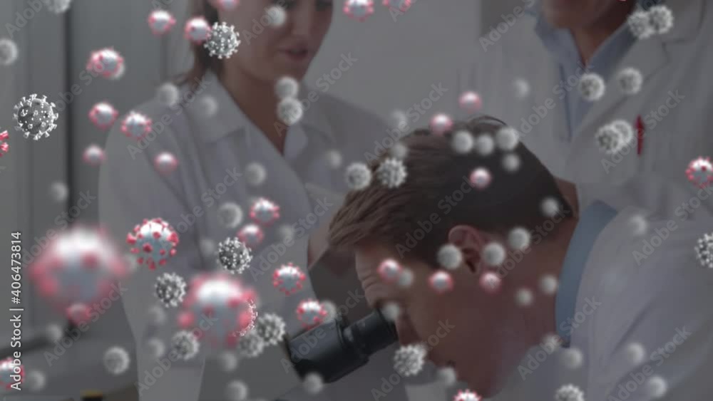 Poster animation of 3d covid 19 cells floating over scientists using microscope