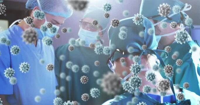 Animation of 3d covid 19 cells floating over doctors wearing face masks