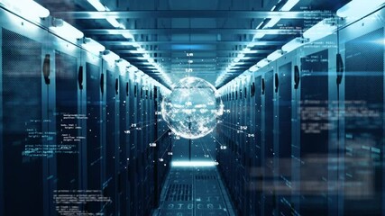Animation of globe with data processing and network of connections over computer servers - Powered by Adobe