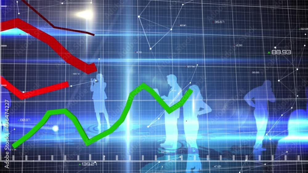 Aufkleber animation of lines financial data and statistics processing over business people and grid