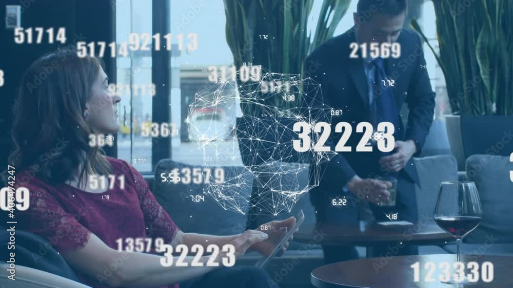 Poster animation of numbers changing and globe with network of connections over businesswoman using smartph