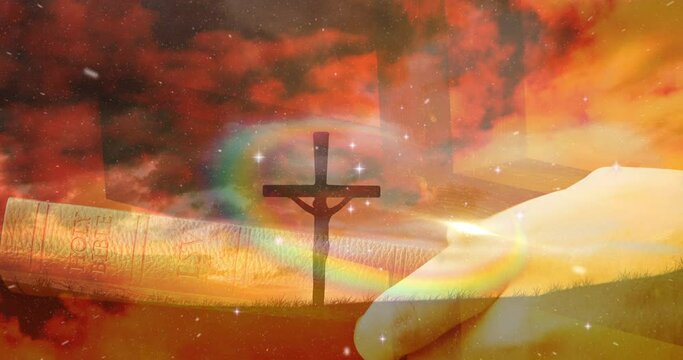 Animation of christian cross and person holding holy bible with red clouds