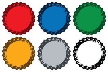 Various metal caps for bottles. Set of vector color illustrations. Template for logo design, corporate style, business card, poster, website