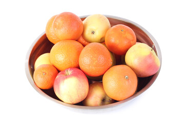 Metal plate with ripe fruits. Isolated object on white background