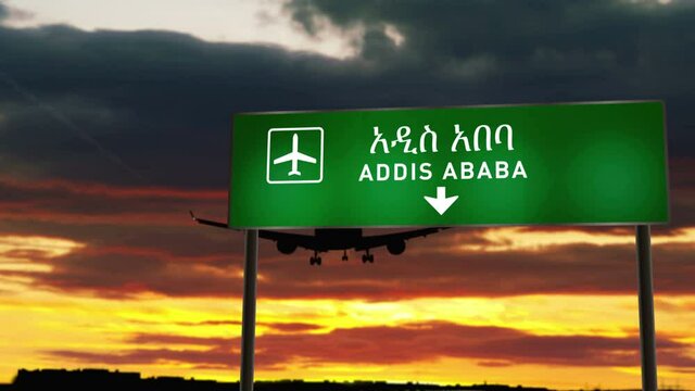 Airplane silhouette landing in Addis Ababa, Ethiopia. City arrival with airport direction signboard and sunset in background. Trip and transportation concept 3d animation.