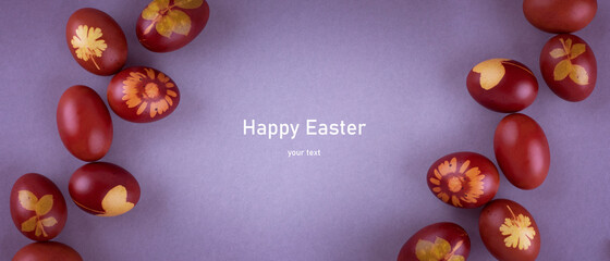 Bright colored eggs on a gray background. Easter theme, holiday. Happy easter card with copy space for text in minimalist easter style. Color of the year. Grey.Happy Easter