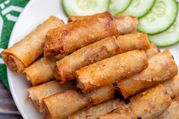 Pork Lumpiang Shanghai (close up) is a Filipino favorite, its a dish usually served at parties and...