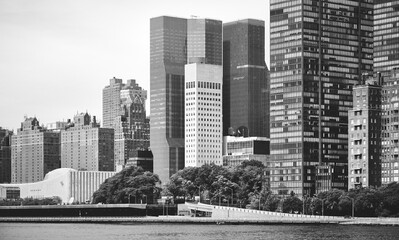 Black and white picture of New York City East River waterfront, USA.