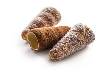 Vanilla coconuct and cinnamon trdelnik isolated on white background