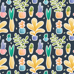 Seamless vector pattern of stickers of domestic fairy fantastic plants in pots and vases of various unusual shapes and bright colors with reflection. Large and small leaves painted in gradient, cacti.