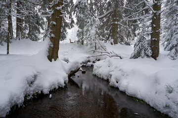 a small river in a beautiful winter landscape