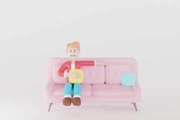 3d illustration of happy man sitting on sofa isolated on white background 