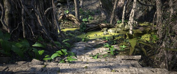 Stone steps to the river overgrown with water plants surrounded by trees. Photorealistic 3D illustration. Beautiful natural wallpaper.