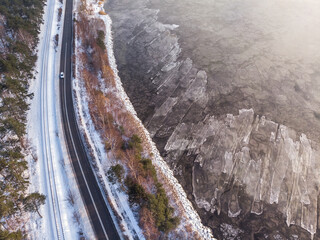 Aerial drone view of Jastarnia, Chalupy and Kuzniza in Batyk Puck Bay. Shot in Winter.