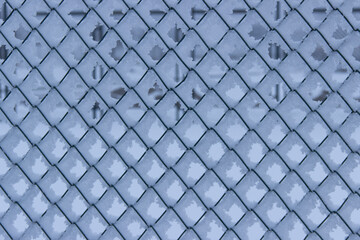 The metal rusty mesh of the fence is covered with snow. Winter background.