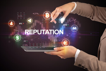 Close-up of a touchscreen with REPUTATION inscription, business opportunity concept
