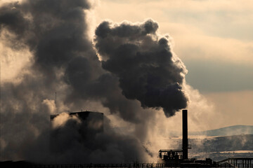 Factory pipe polluting air, environmental problems, smoke from chimneys