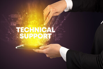 Close-up of a touchscreen with TECHNICAL SUPPORT inscription, innovative technology concept