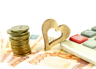 Russian money and calculator, concept of taxes and utility payments