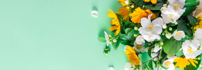 Spring banner. Flower frame on mint background, top view.